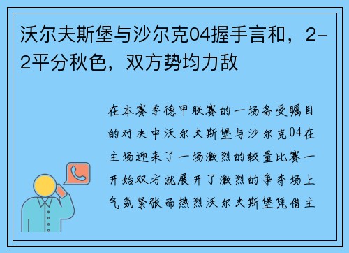 沃尔夫斯堡与沙尔克04握手言和，2-2平分秋色，双方势均力敌